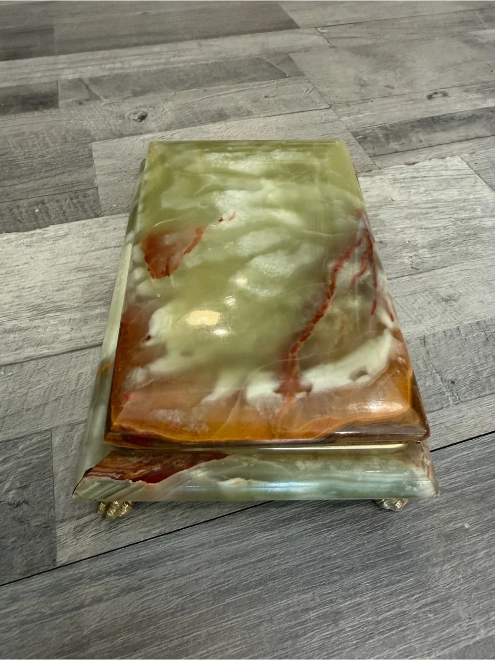 Vintage Green and Brown Onyx marble Italian Jewelry Box with Gold Feet